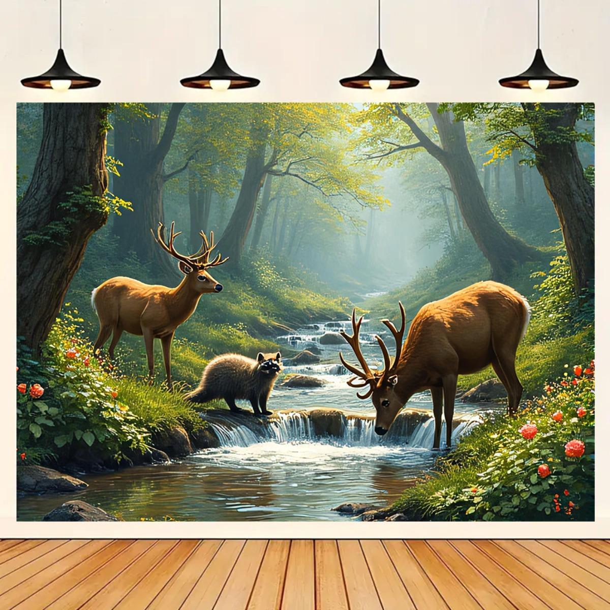Interior Design Hd - Deer Forest Stream Wall Mural 2D